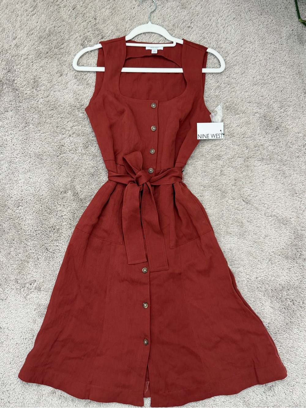 Nine West Rust-Red Sleeveless Button-Front Midi Dress with Waist Tie